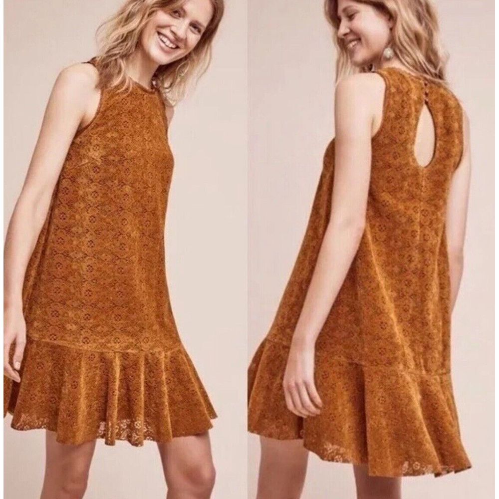 Maeve Anthropologie Sleeveless Vegan Suede‎ Gold Lace Mini Amis Dress Size 4